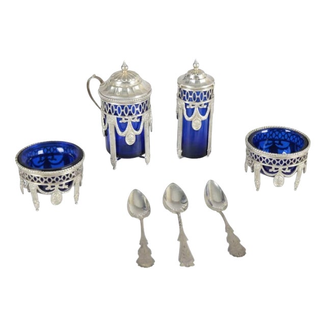 Antique Silver-Mounted Cobalt Blue Glass Condiment Set, 1900, Set of 7 For Sale