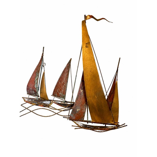 Mid-Century Modern Signed C. Jeré Artisan House Sailboat Regatta Brass Copper Brutalist Mid-Century Modern Wall Sculpture For Sale - Image 3 of 6