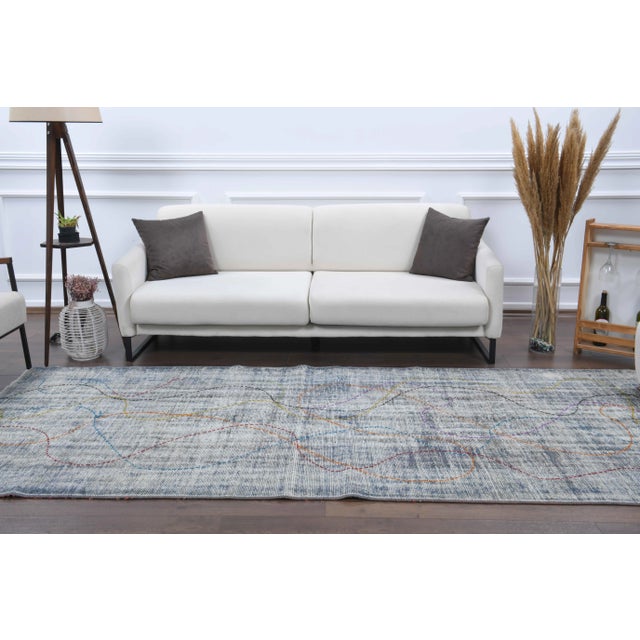 Abstract Vintage Turkish Hand-Knotted Wool Cotton Blue Runner For Sale - Image 3 of 11