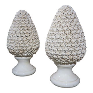 Pair of Tall Italian Pyramidal Creamware Topiaries, H-28 Inches For Sale