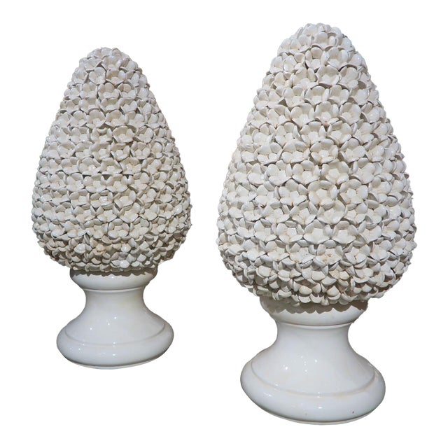 Pair of Tall Italian Pyramidal Creamware Topiaries, H-28 Inches For Sale