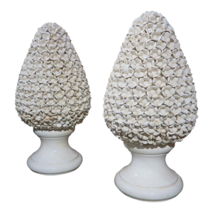 Pair of Tall Italian Pyramidal Creamware Topiaries, H-28 Inches