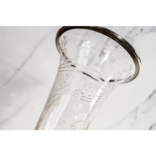 Stunning Antique Etched Glass Vase With Sterling Silver Rim & Pedestal Base Floral Trumpet Vase Luxury Home Decor For Sale - Image 16 of 18