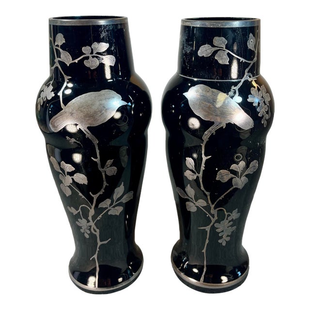 Mid 20th Century Pair of Black Amethyst Art Glass Vases Marked Czechoslovakia For Sale