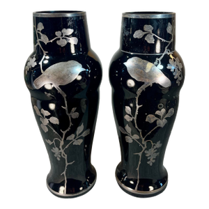 Mid 20th Century Pair of Black Amethyst Art Glass Vases Marked Czechoslovakia