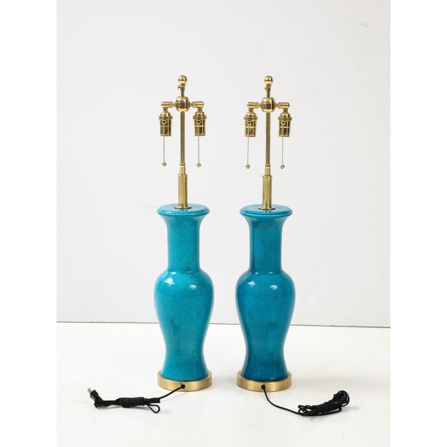 Mid-Century Modern Cerulean Blue crackle Glazed Ceramic Lamps - a Pair For Sale - Image 3 of 11