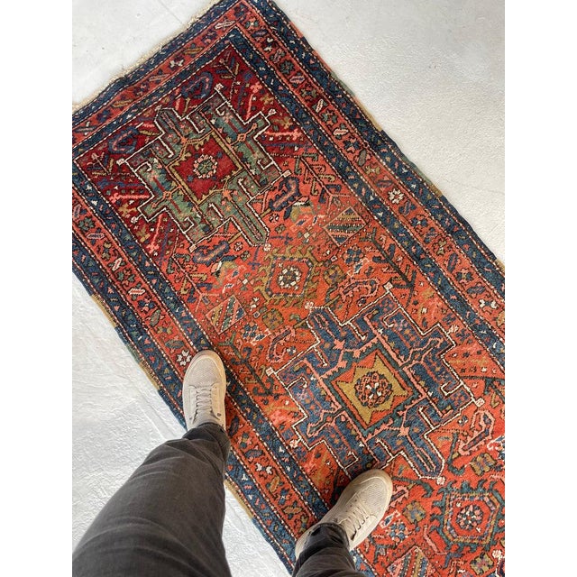 Name: FABULOUS Antique Heriz Tribal Runner in Sunset Hues | Ombre Rust, Clay, Green, Blues Size: 3 x 11.6 Age: Antique, C....