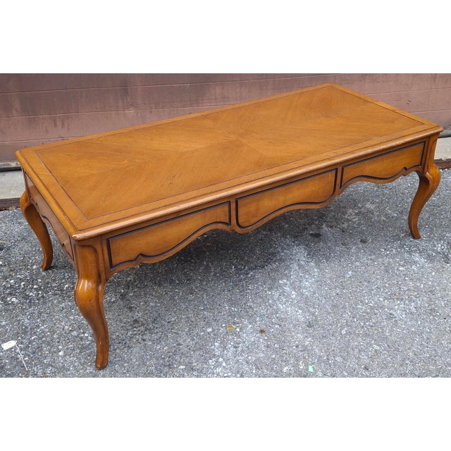 Mid 20th Century Weiman Mid Century Provincial Bookmatched Top Fruitwood Coffee Table For Sale In Washington DC - Image 6 of 10