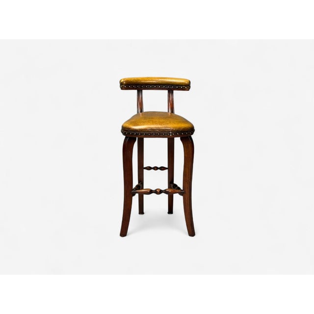 Brown Georgian Style, Distressed Brown Leather, Stained Wood, Six Bar Stools, 20th Century - Set of 6 For Sale - Image 8 of 10