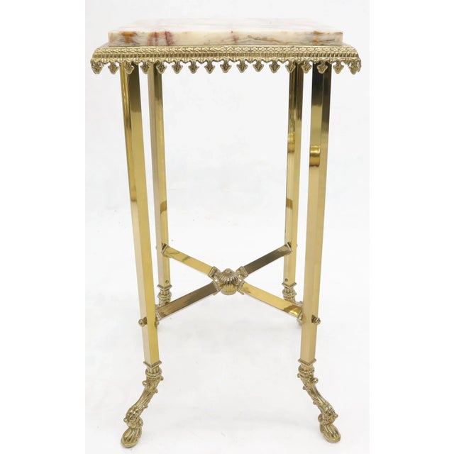 1920s Square Solid Brass Onyx Marble Top Stand Pedestal Hoof Feet X-Stretcher Finial For Sale - Image 5 of 12
