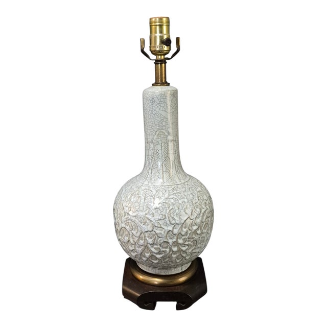 Celadon Late 20th Century Asian Pale Celadon Green Color Crackled Ceramic Embossed Design Table Lamp For Sale - Image 8 of 8