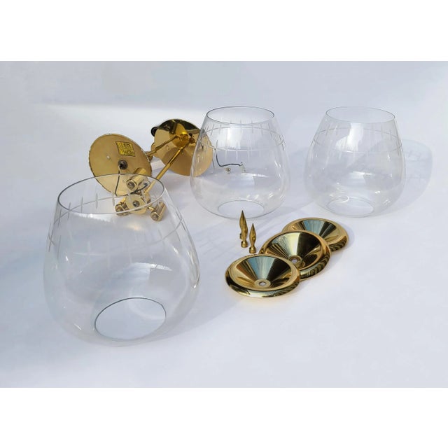 Metal Mid 20th Century Large Semi Flush Mount Brass Pendant Lights With Cut Glass Design Globes - Set of 3 For Sale - Image 7 of 10