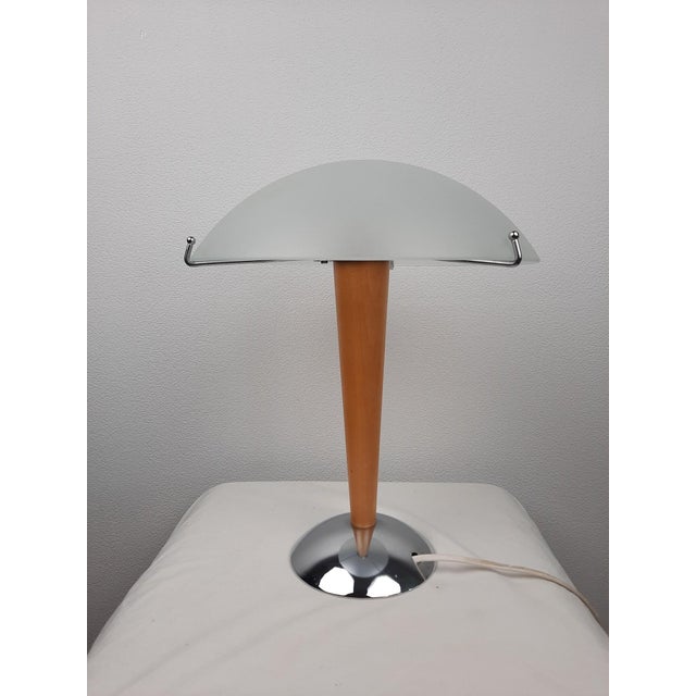 Vintage ikea kvintol mushroom-table lamp model b9503 metal chromed base, wooden stand, matt glass hood one e14 fitting, eu...