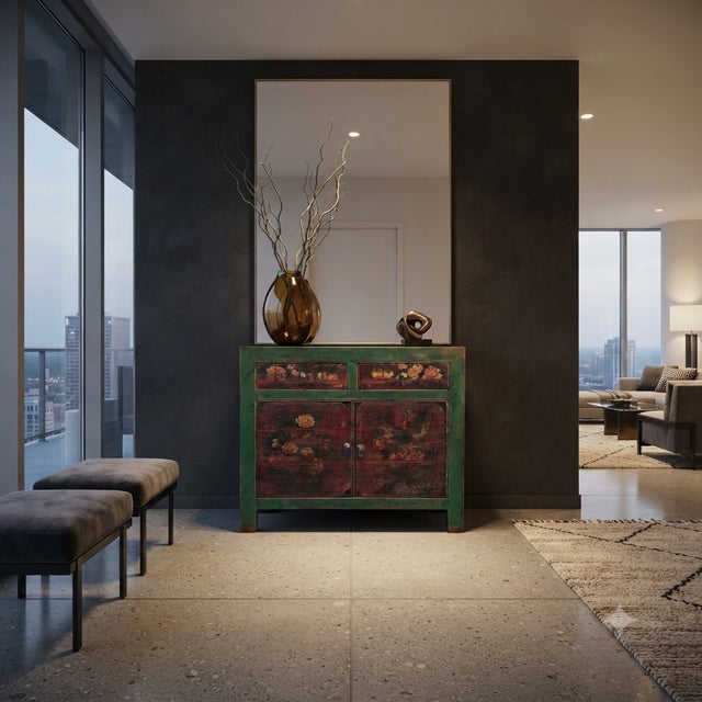 Forest Green Vintage Distressed Rich Green Red Floral Graphic Credenza Sideboard Cabinet For Sale - Image 8 of 9