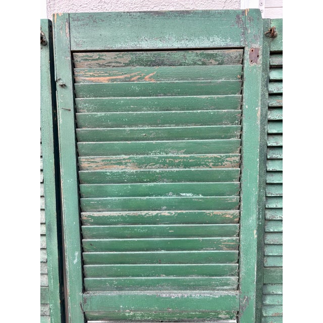Antique American Green Farmhouse Shutter 19th C Architectural Salvage- Set of 3 For Sale In Los Angeles - Image 6 of 9