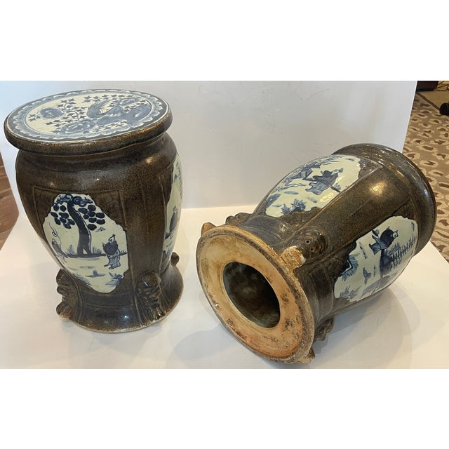 Pair Antique Chinese Brown Glaze With Blue & Withe Decor Garden Stools For Sale - Image 14 of 16