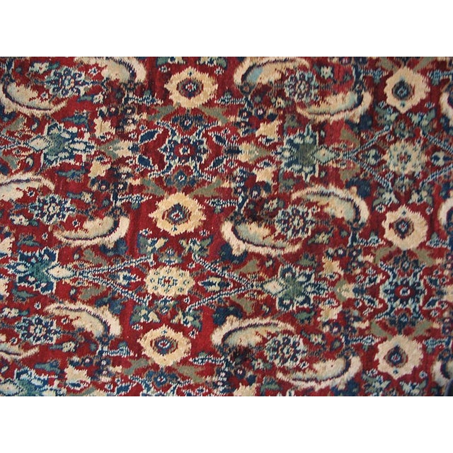 The rich red field of this small square antique northern Indian carpet features a dense all-over Herati pattern with...