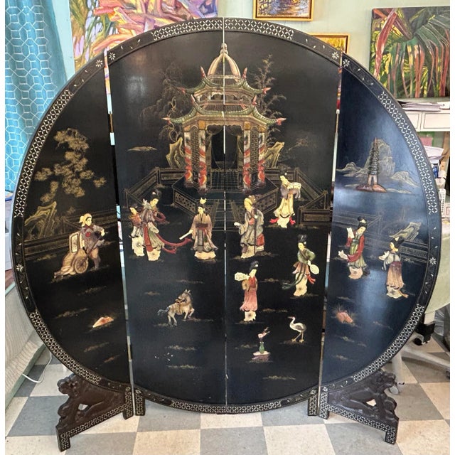 1940s Round Chinese Screen With Carved Figures For Sale - Image 13 of 13