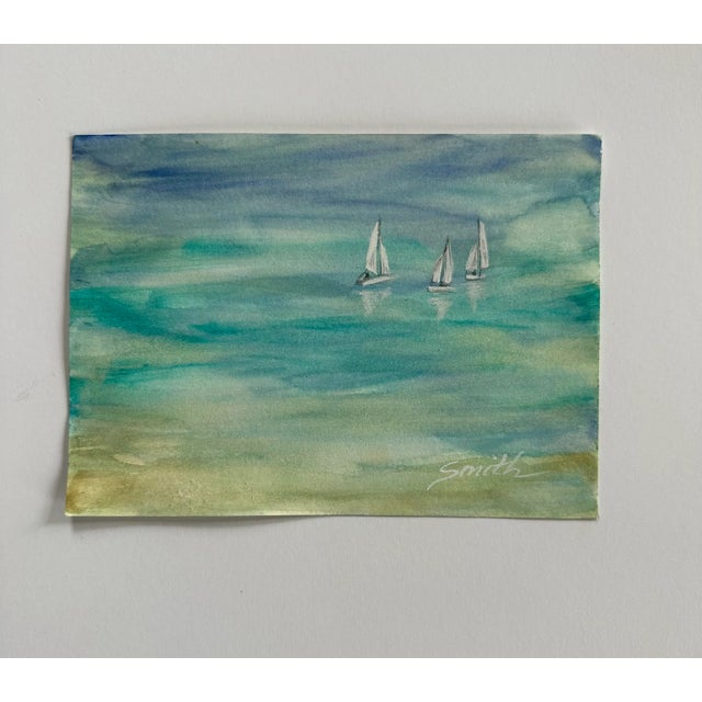 Three sailboats sailing out on the open waters. Signed and ready to frame.