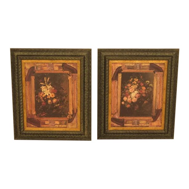Framed Floral Painting Transfers on Canvas - a Pair For Sale