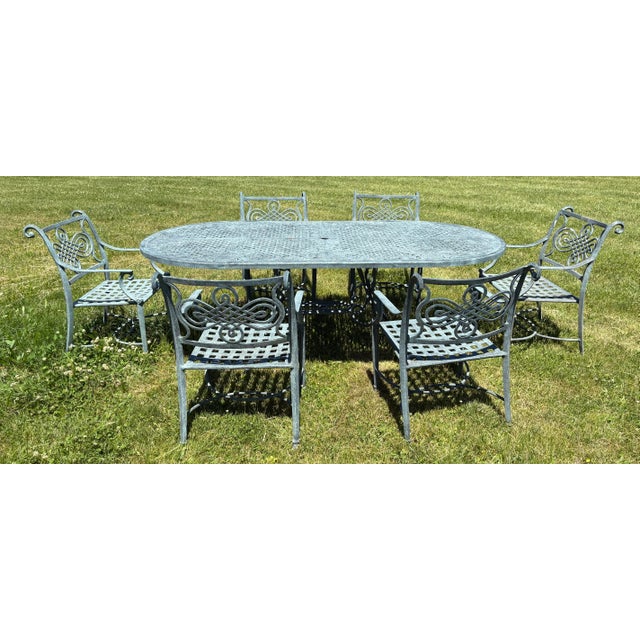 Handsome Cast Aluminum Garden Table With Six Chairs For Sale - Image 9 of 11