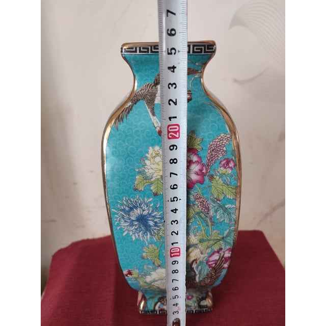 Chinese Ceramic Vase Qing Dynasty Qianlong Marked Blue Ground Famille Rose Porcelain Square Vase Hand Painted Flowers and Birds Pattern For Sale - Image 9 of 11