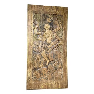 Vintage Hand-Carved Indian Deity Panel | Shiva & Goddess Wood Wall Art / Door Panel 84x41 For Sale