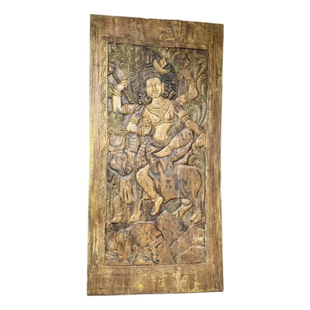 Vintage Hand-Carved Indian Deity Panel | Shiva & Goddess Wood Wall Art / Door Panel 84x41 For Sale