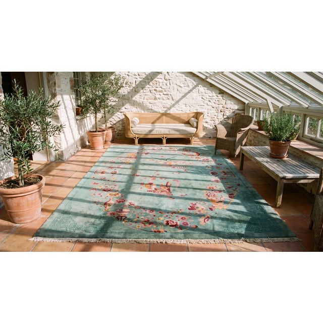 1920s Green Vase Floral Antique Chinese Art Deco Carpet 8'6" X 11'4" Knotted Wool Rug For Sale - Image 16 of 18