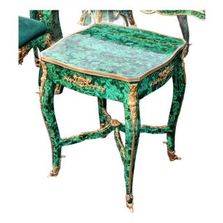 French Louis XV Style Side Table – Emerald Green Malachite-Inspired Finish With Gold Leaf & Ornate Bronze Details For Sale