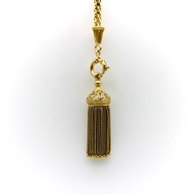 Metal 19th Century 14k Gold Victorian Fancy Link Long Chain With Drop and Enameled Tassel For Sale - Image 7 of 9