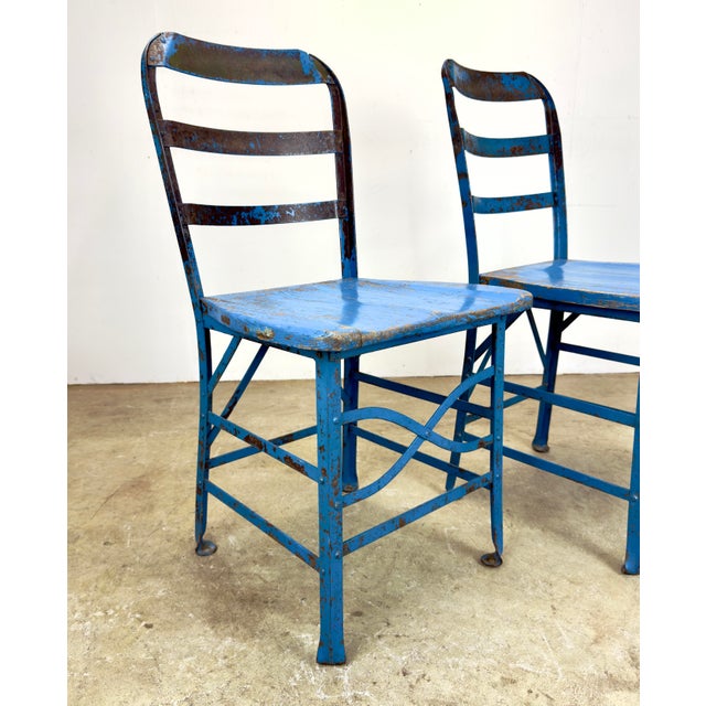 Antique Industrial Steel & Oak Chairs by Angle Steel Stool Co / K M Supply Company in Vivid Blue For Sale - Image 4 of 12