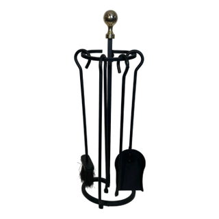 Black lacquered and brass designer fireplace tools on stand For Sale