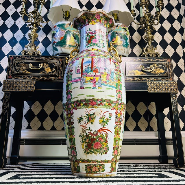 Ceramic Tall Floor Rose Medallion Porcelain Chinoiserie Vase 36", Scroll Handles For Sale - Image 7 of 11