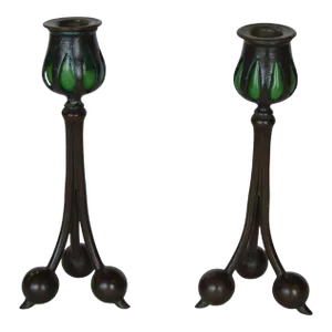 Vintage Tiffany Bronze & Green Favrile Glass Candlesticks