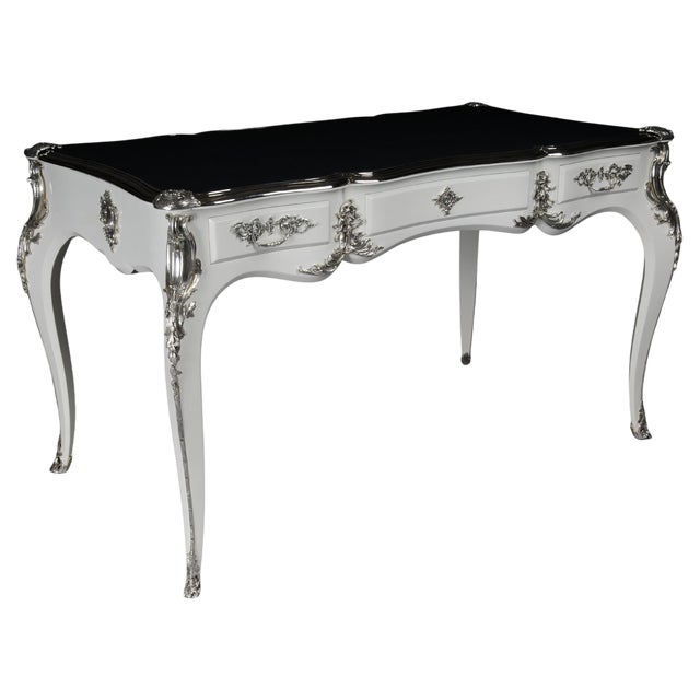 Vintage Writing Desk in High Gloss White and Silver For Sale
