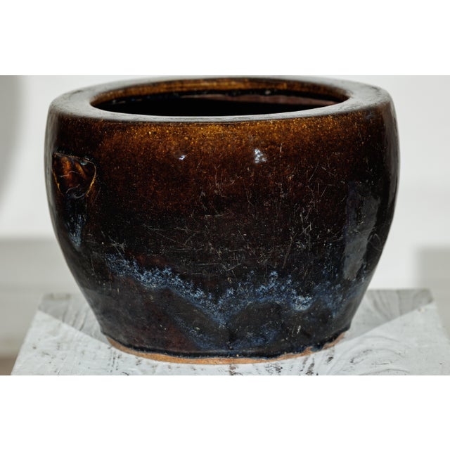 Vintage Brown and Blue Glazed Chinese Stoneware Planter with Rounded Lip For Sale - Image 11 of 18