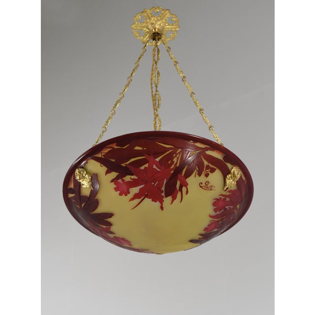 Emile Galle Large French Art Deco Pendant Light by Galle - 1925 Cameo Gallé Chandelier France For Sale - Image 4 of 18