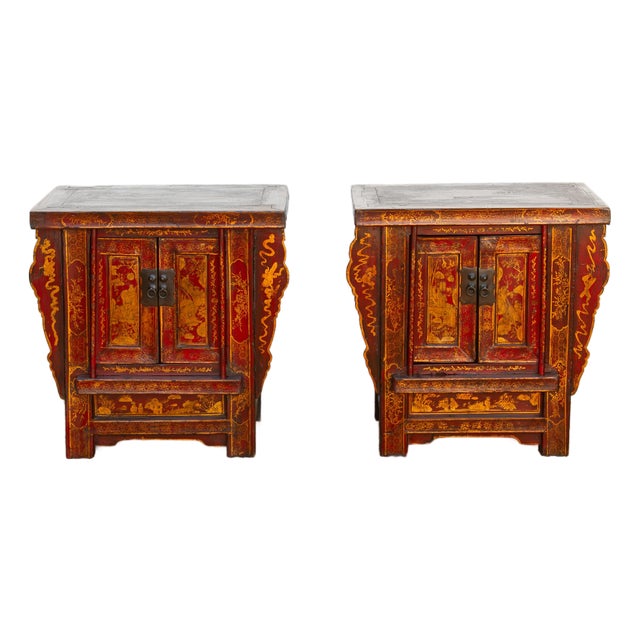Pair of Red & Gilt Chinoiserie Small Cabinets For Sale