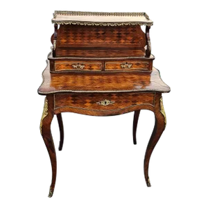 19th C. Louis XV Style Kingwood Marquetry & Ormolu Bonheur Du Jour Writing Desk