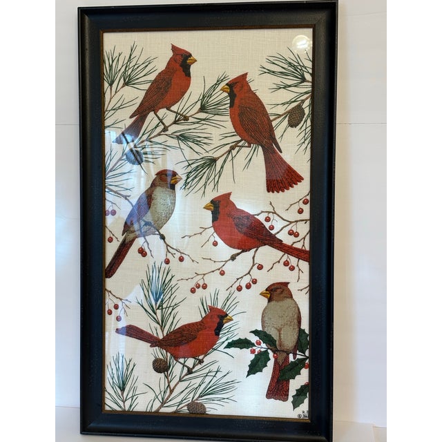 Mid-Century Modern Vintage KayDee Designs Featuring Cardinals Framed in Hand Printed Linen Textiles For Sale - Image 3 of 5