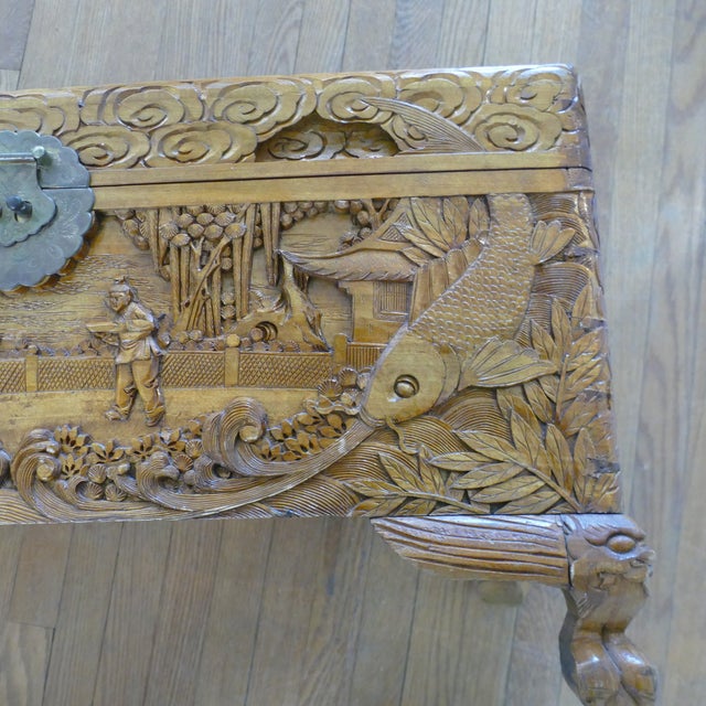 Antique Chinese Hand Carved Wood Chest Trunk For Sale - Image 10 of 11