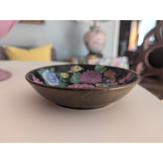 Vintage Chinese Enamel Ceramic and Brass Decorative Bowl Wall Hanging For Sale - Image 4 of 8