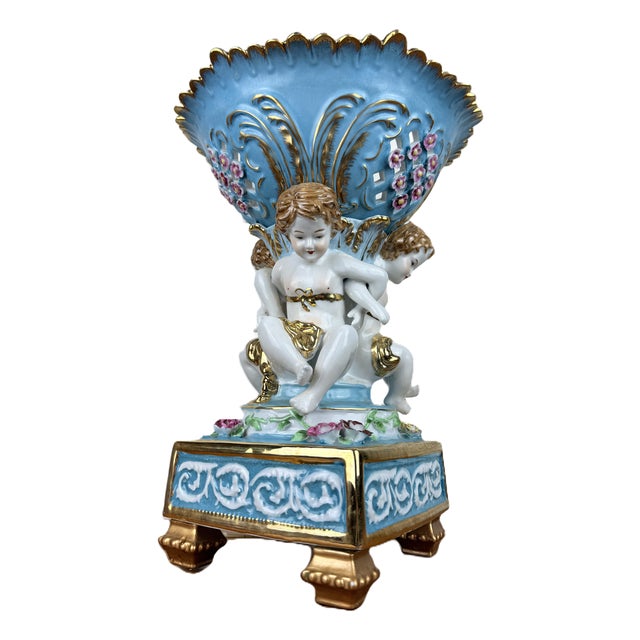 Large Antique Dresden Compote with Cherubs & Scalloped Floral Bowl by Karl Richard Klemm, 1890s-1910s For Sale