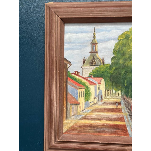 Original Swedish Oil on Panel – “City Street with Church Tower” by Kerstin Grufman – Signed & Dated 1945 – Vintage &...