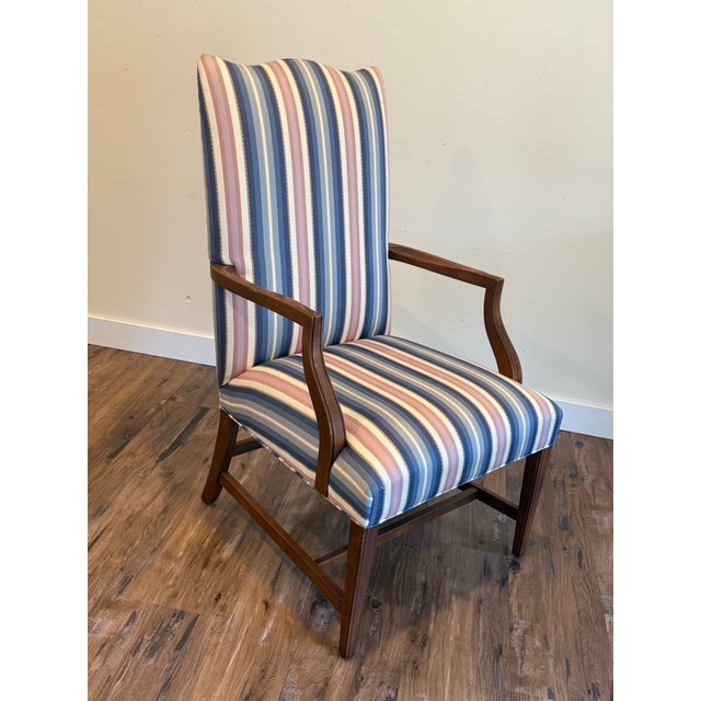 An Ethan Allen “Martha Washington” / Lolling-style open armchair, item #20-7471, finish 206 (dark mahogany-tone wood),...