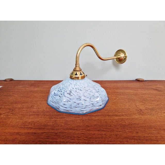 Swan Neck Wall Light in Brass and Blue Speckled Glass, 1930s For Sale - Image 12 of 12