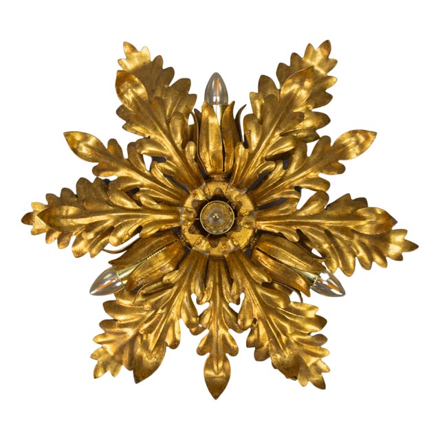 Gilt Metal Leafed Sunburst-Shaped Four-Light Flush Mount, 1970s For Sale