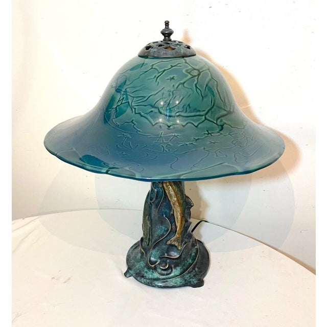 Blue 1990s Original K Dahl Glass Studios Bronze Hand Blown Glass Trout Fish Nautical Lamp For Sale - Image 8 of 12