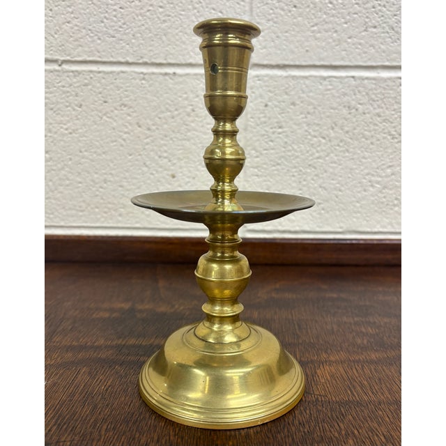 Traditional Antique Brass Candlestick Chamberstick With Drip Tray For Sale - Image 3 of 8